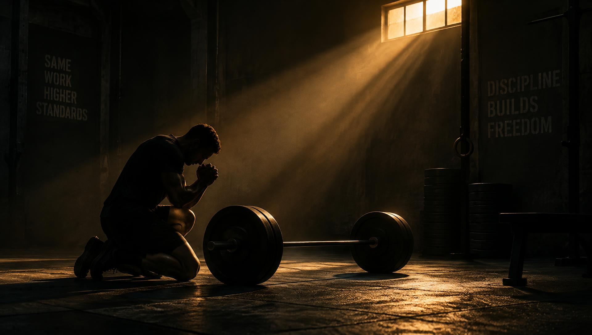 Athlete kneeling in prayer beside a barbell in golden light